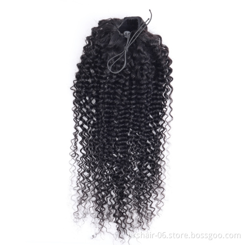 Natural African Girl Deep Wave Human Hair Drawstring Ponytail Clip In Hair Extensions Natural Color Puff Ponytail Products